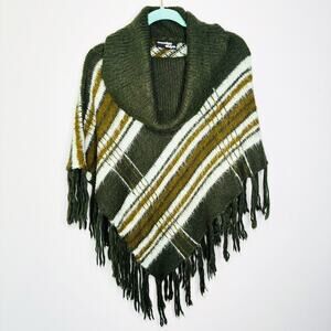 Wooden Ships Poncho Size S/M Mohair Wool‎ Blend Fringed Cowl Neck Green Stripe